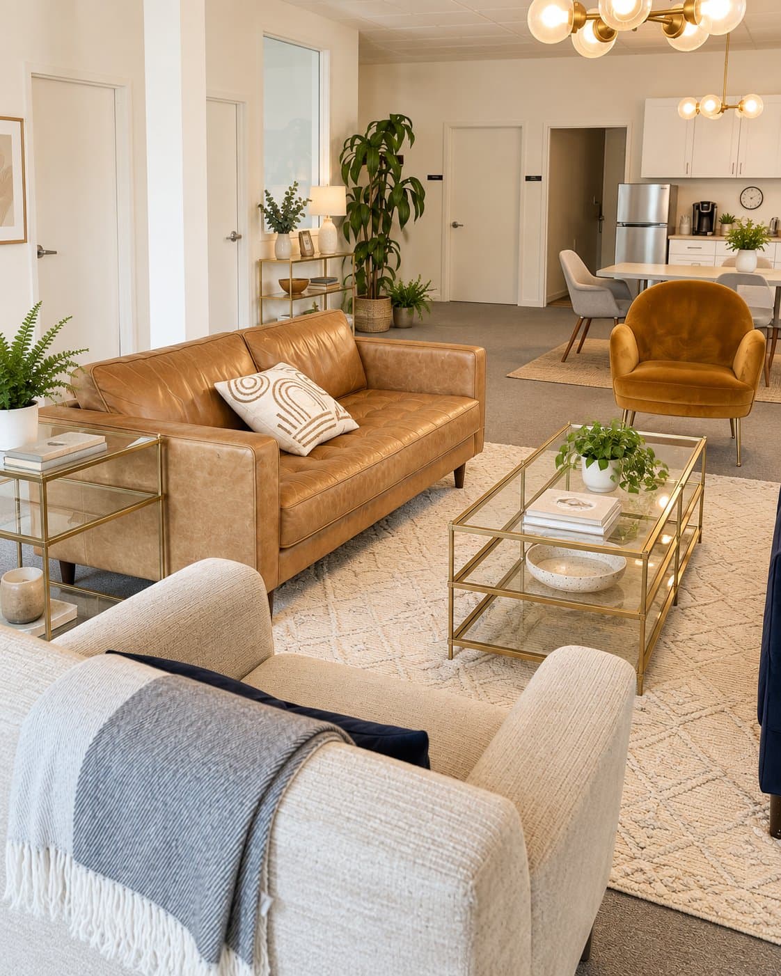 The Care Collective waiting and seating area at the Bloomfield, NJ office, a tan leather sofa, soft armchairs, and a bright open kitchen